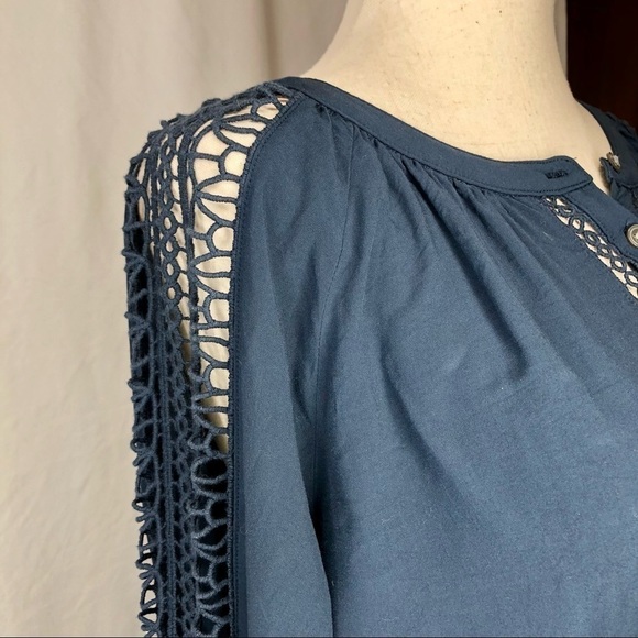 LOFT rayon Henley blouse with open lace panels on front and sleeves slate XS - Picture 3 of 8